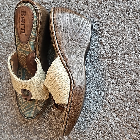Born Woven Raffia & Patterned Blue-Tan Wedge Sandals - Picture 3 of 8